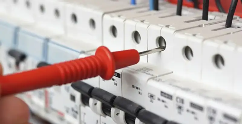 Electrical contractor testing circuit breakers during electrical repair in North Las Vegas, NV